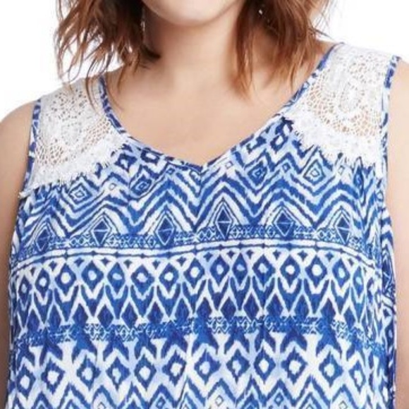 Karen Kane Women's Plus 1X 2X Blue Ikat Lace Yoke Sleeveless Tunic Top Boho NWT - Picture 3 of 9
